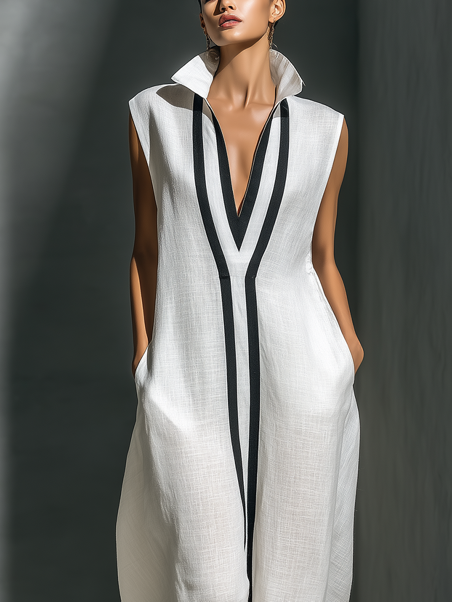 Women's White Linen Fabric Sleeveless Maxi Dress With Black Contrast Trim MDZ1973A8T