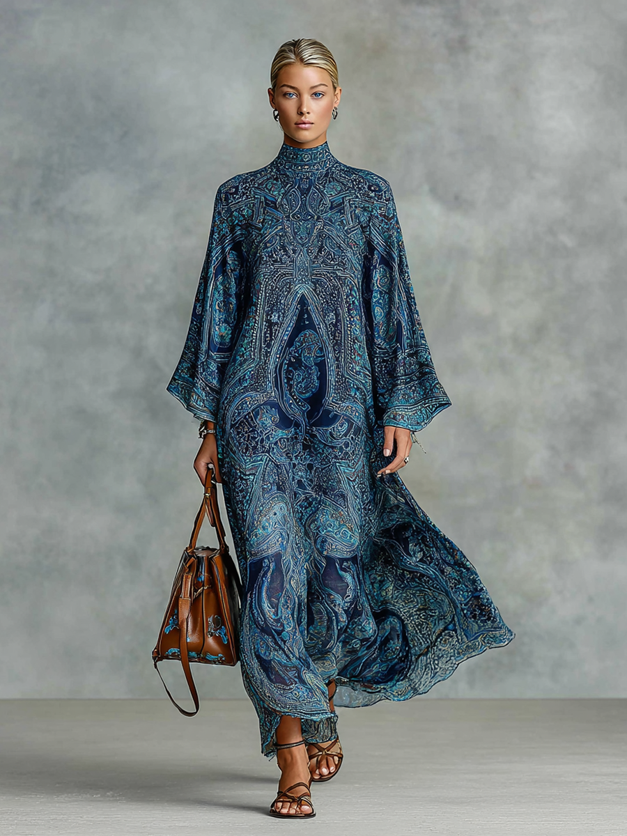 Women's Paisley Print Half-high Collar Trumpet Long-sleeved Loose Maxi Dress MDA2129G3Y