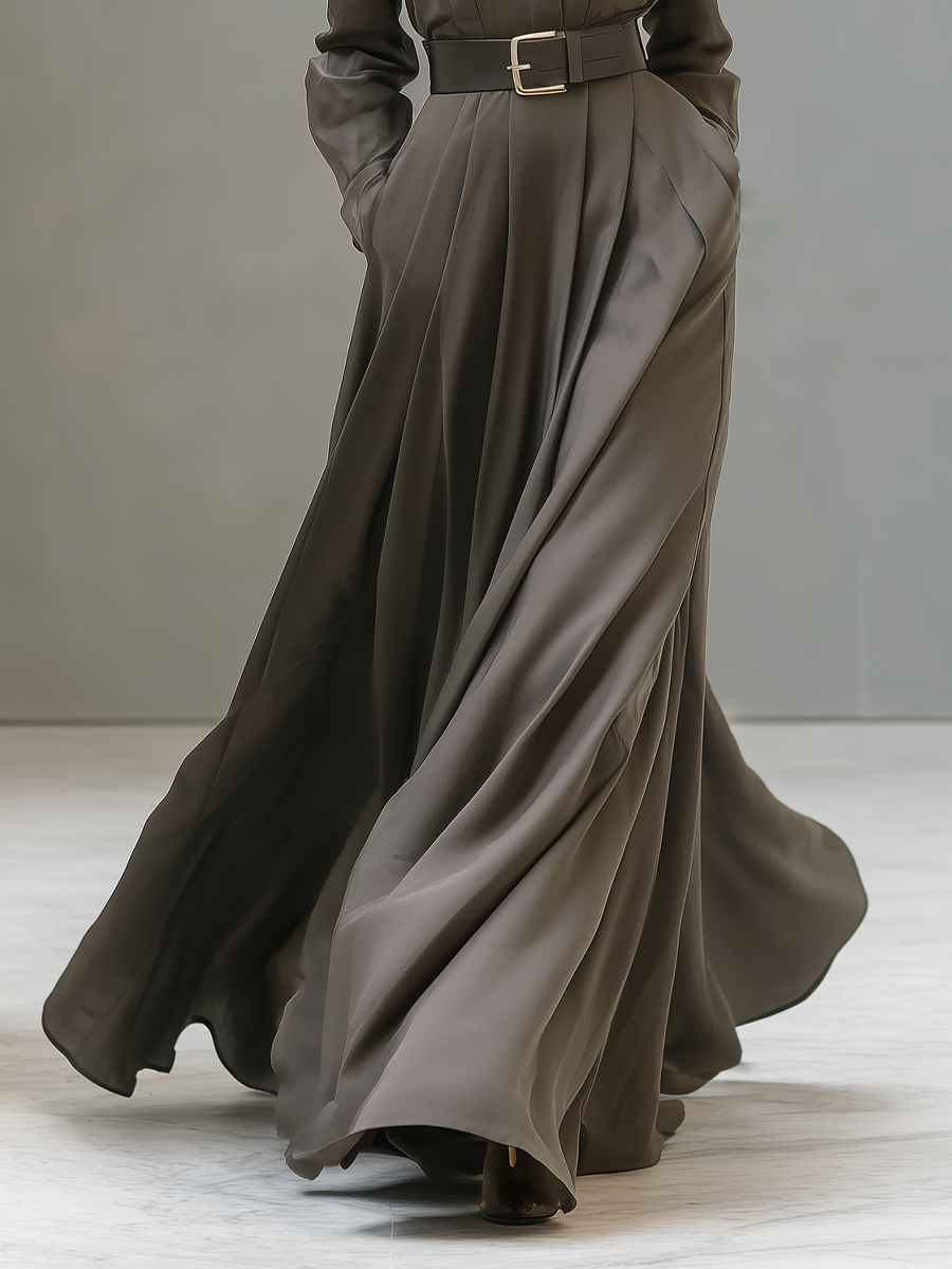 Women's Dark Khaki Satin Belt Shirt Maxi Dress MDA0627K1T