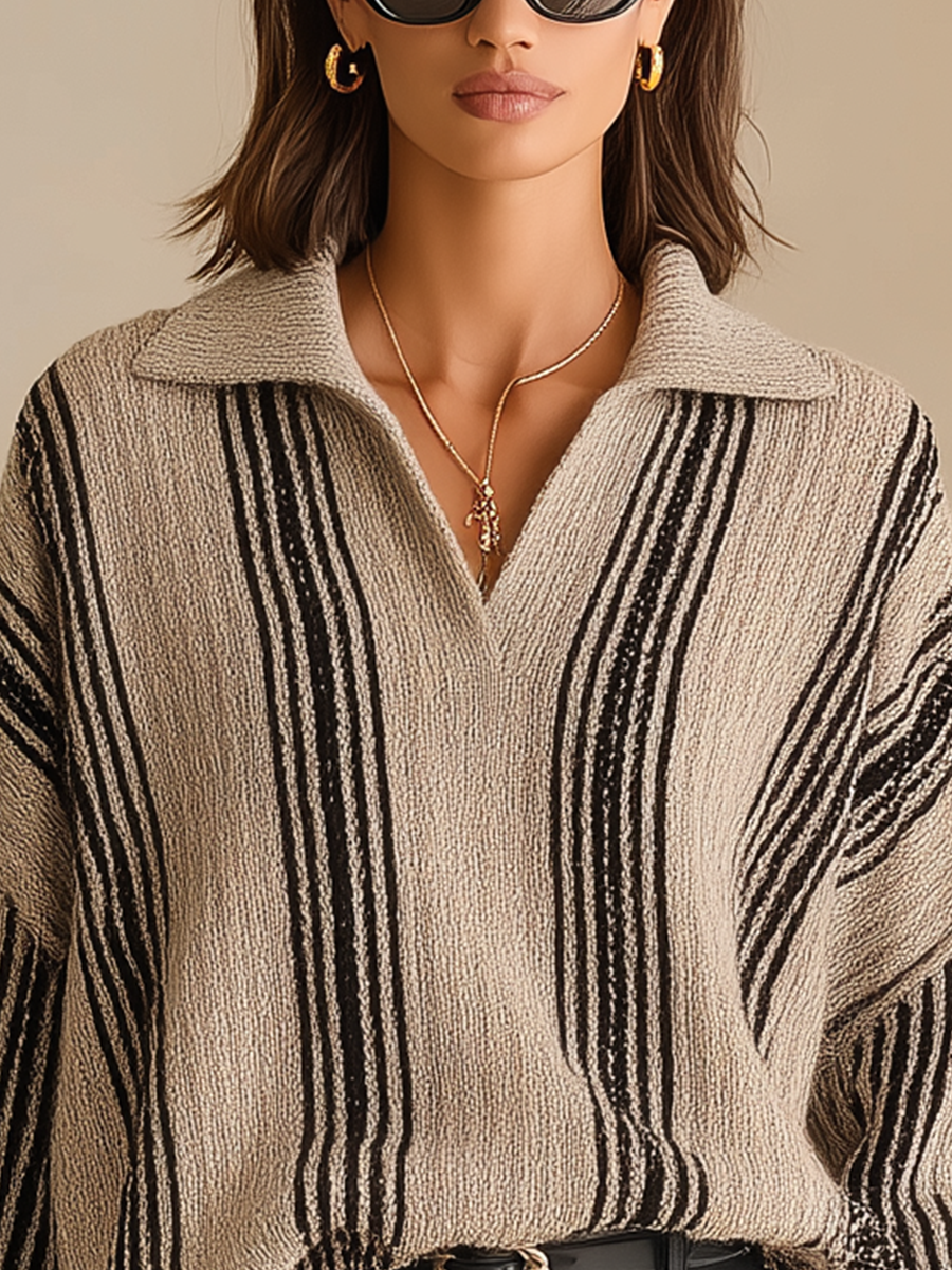 Women'S Casual Beige Black Vertical‑Stripe Knit Oversized Collared V‑Neck Pullover Sweater MDZ2935G2YZJ