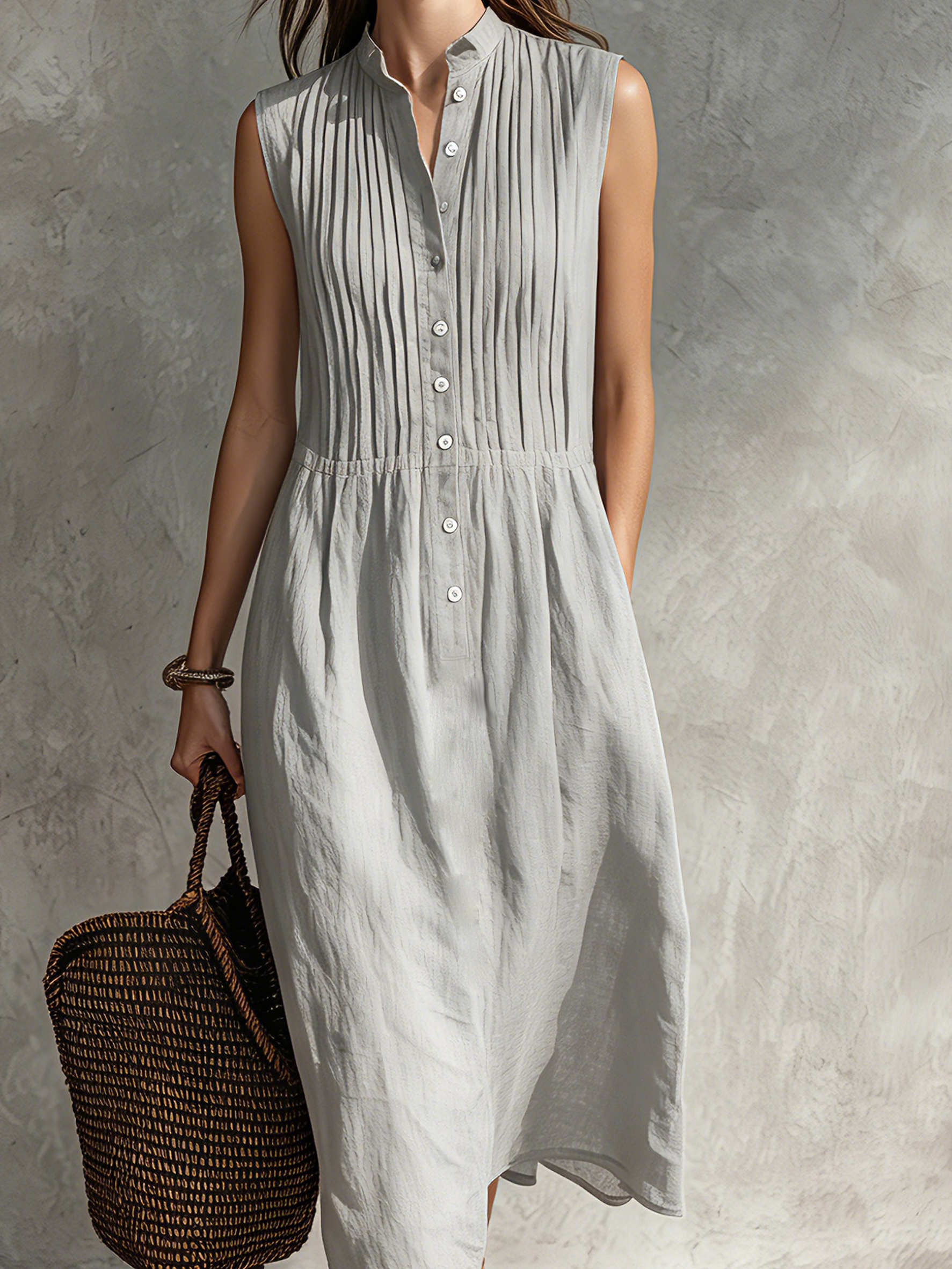 Women's Casual Grey Cotton-Linen Sleeveless Midi Dress With Round Neck MDZ2549D5LXY