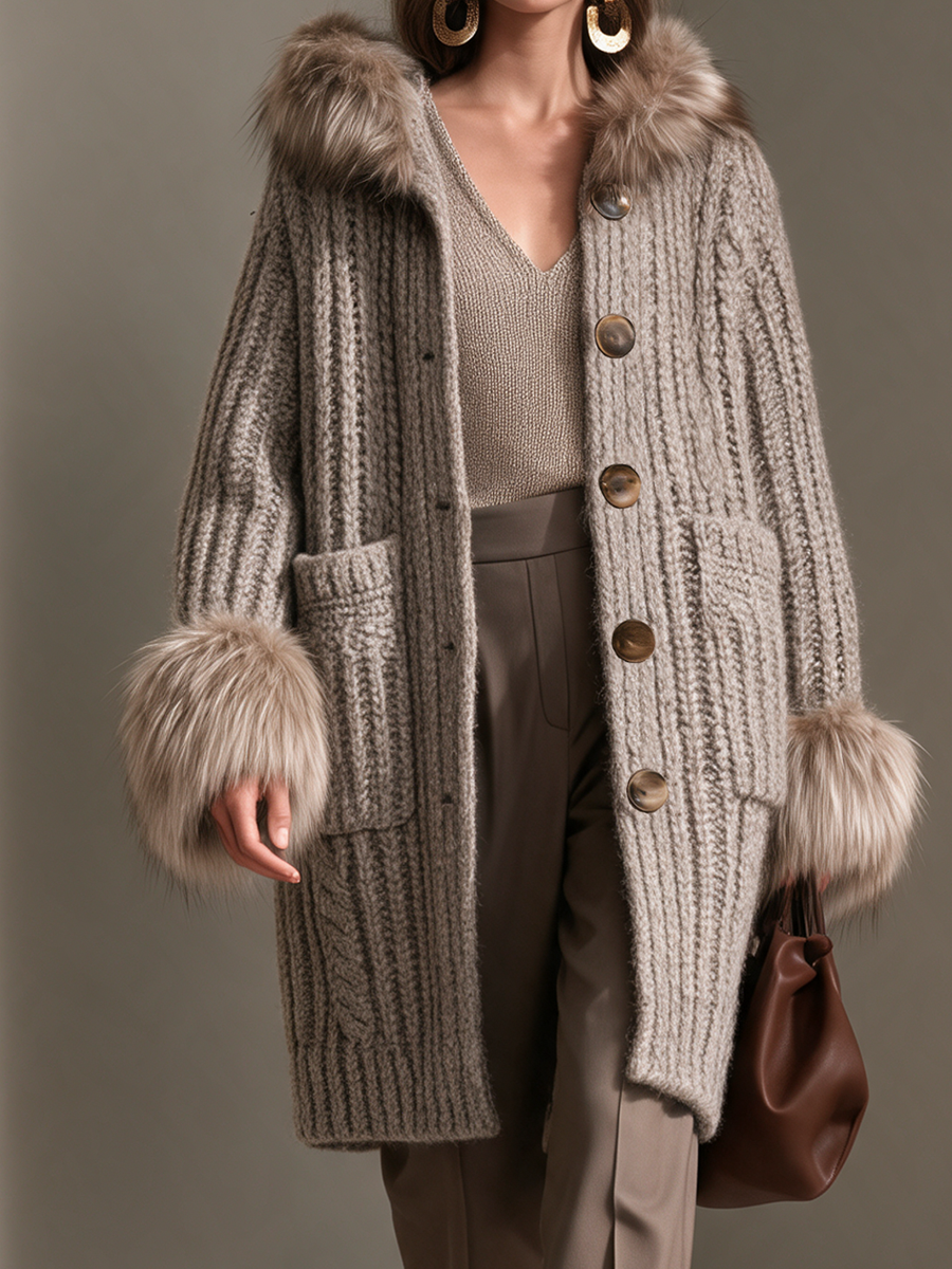 Women's Fur-Collar Fur-Cuff Button-Front Cable Wool-Knit Longline Cardigan
