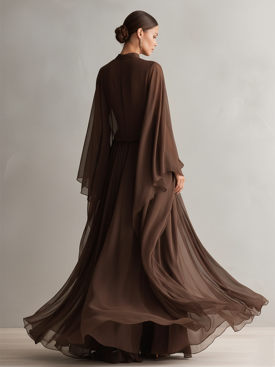 Women's Rich Brown Chiffon Dress With Flowy Maxi Silhouette & Cape-like Design, Modern Elegant-Glam Style Dress MDA1967L4I