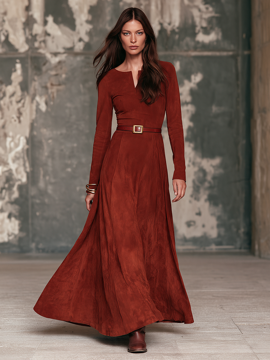 Women's Long-Sleeve Suede Maxi Dress With V-Neck