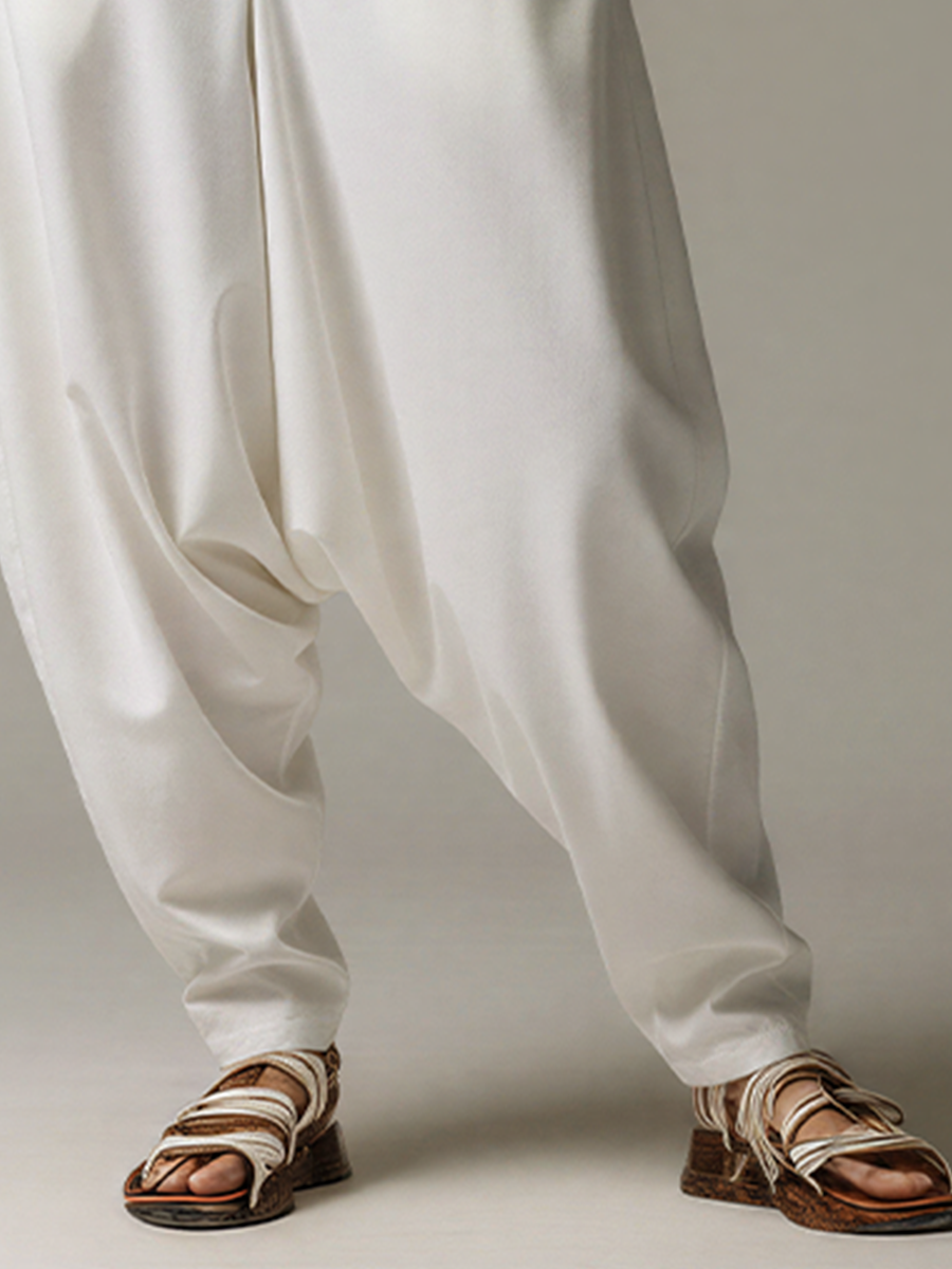 Women’s White High-Waisted Drop-Crotch Harem Pants With Pockets MDZ2212E2T