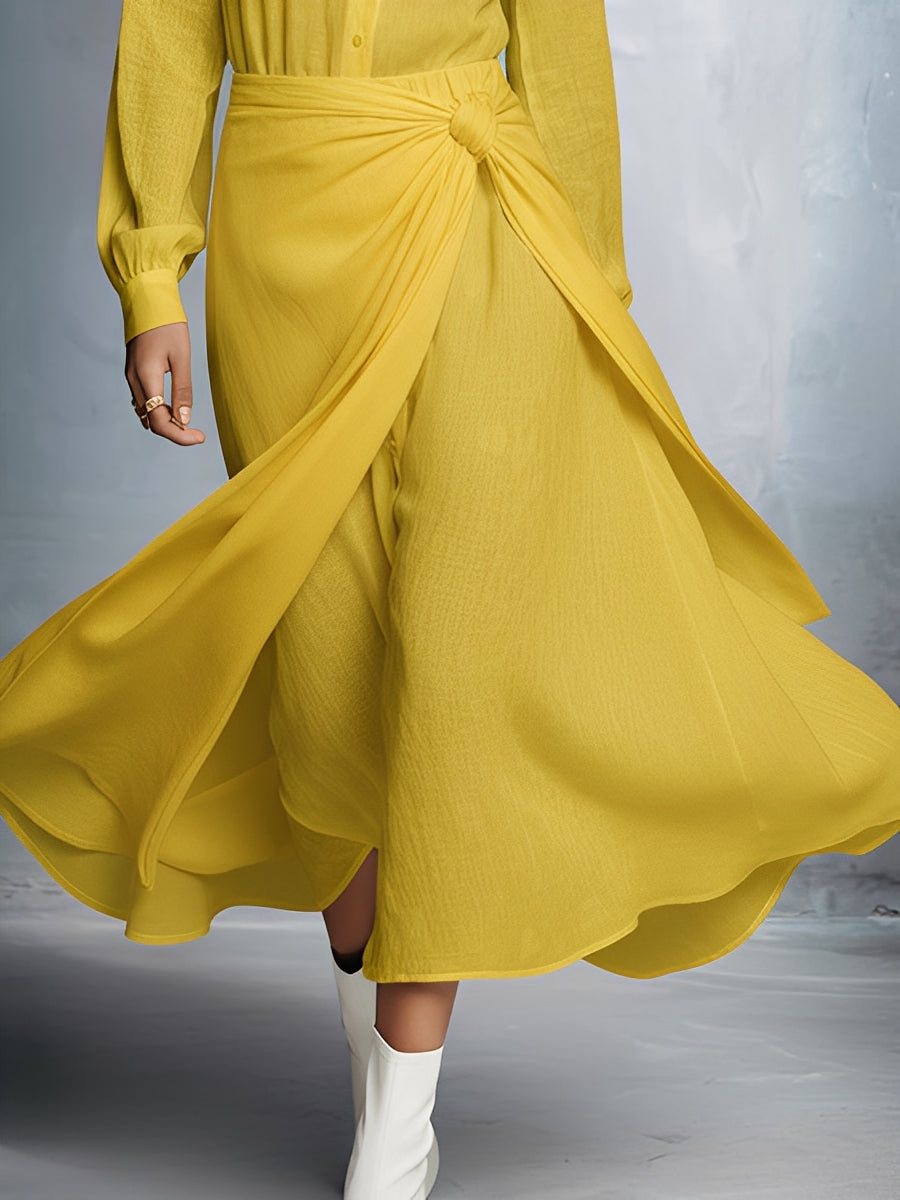 Women's Yellow Linen Blend Loose-fitting Maxi Dress With Belt And Tie Closure MDA1058L8I