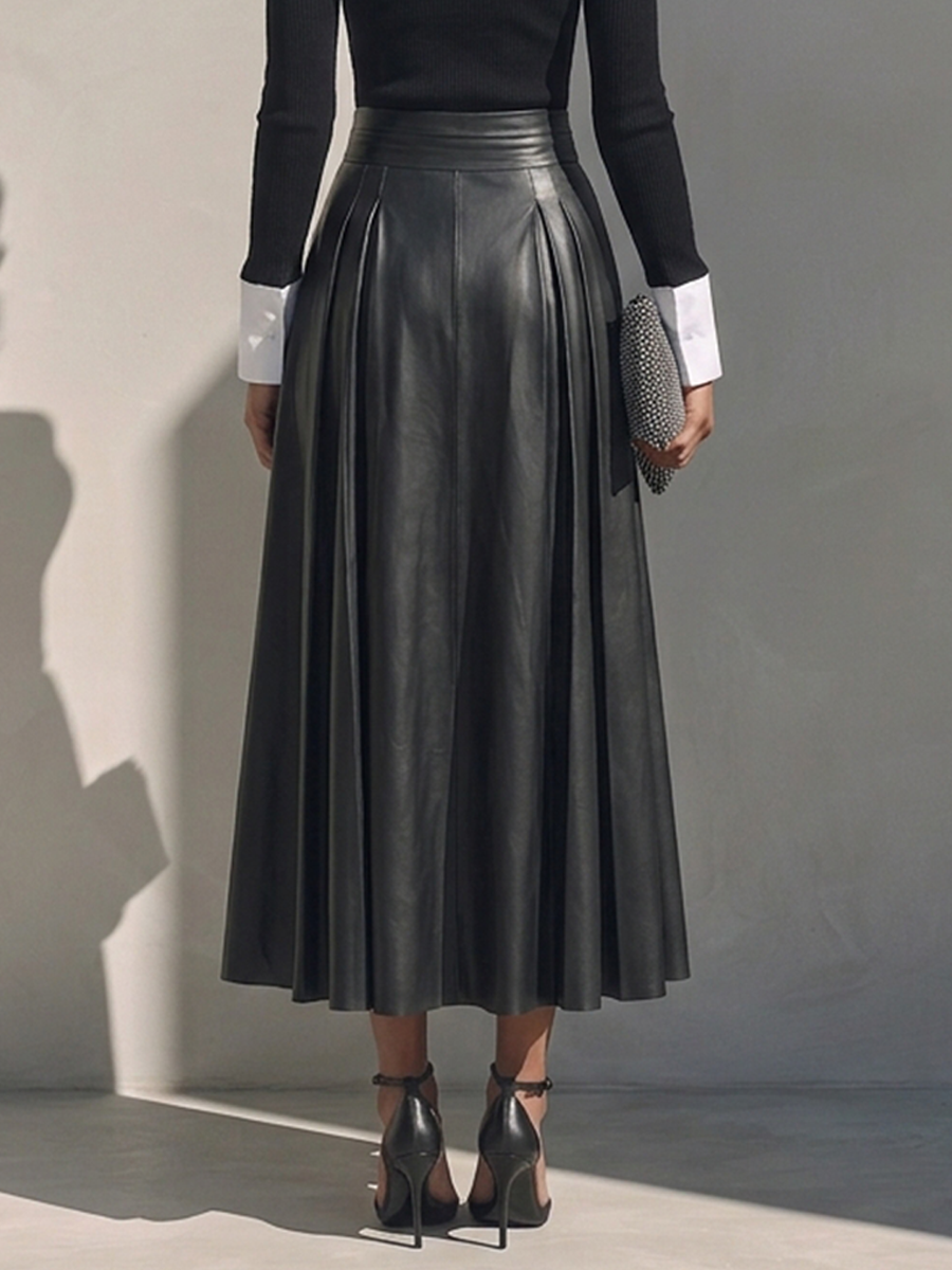 Women's High-Waisted Pleated Leather Skirt MDZ2153H1ZRK