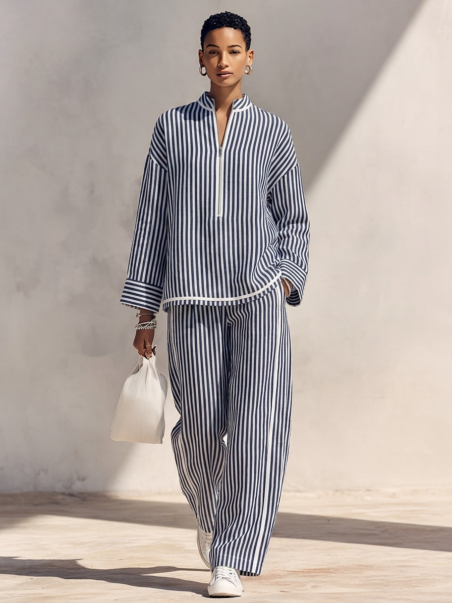 Women's Light‑Blue Linen Fabric Stand‑Collar Half‑Zip Oversized Top & Wide‑Leg Pants Set MDZ1594G5ZRK