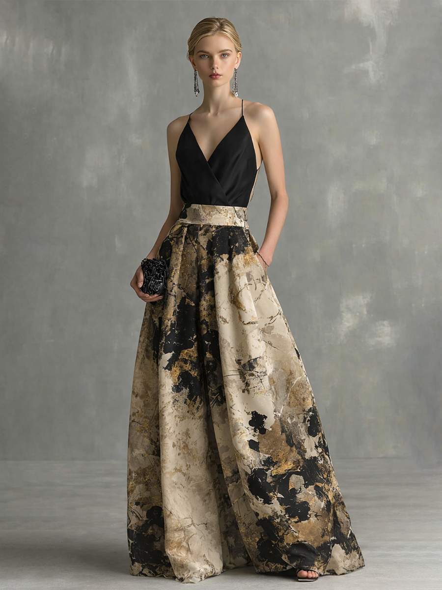 Women's Elegant Black And Beige Abstract Print V-Neck Spaghetti Strap Maxi Dress MDZ1483B2BA