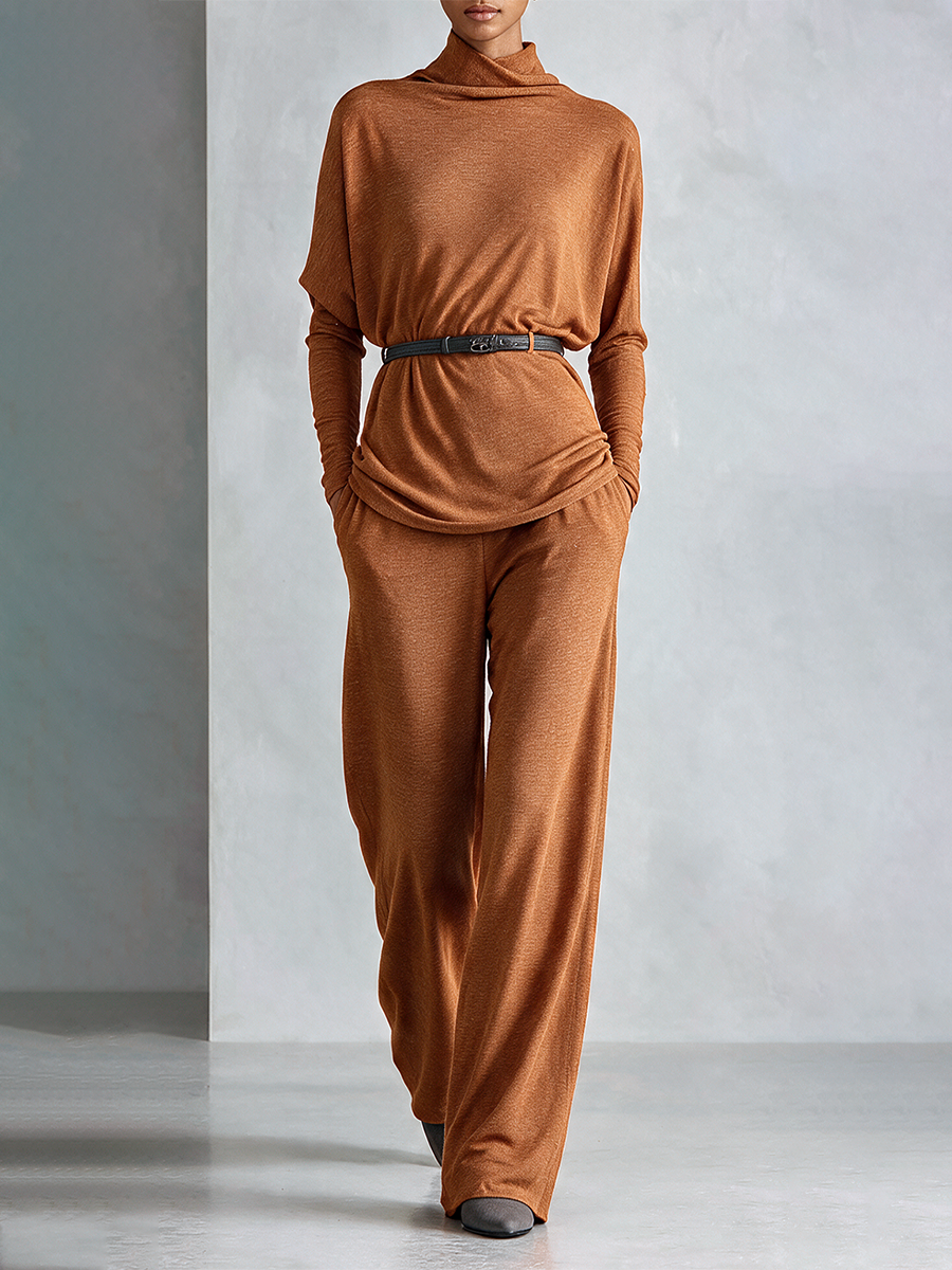 Women's Turtleneck Relaxed‑Fit Knit Top & Draping Wide‑Leg Trousers Set MDZ0238I7R
