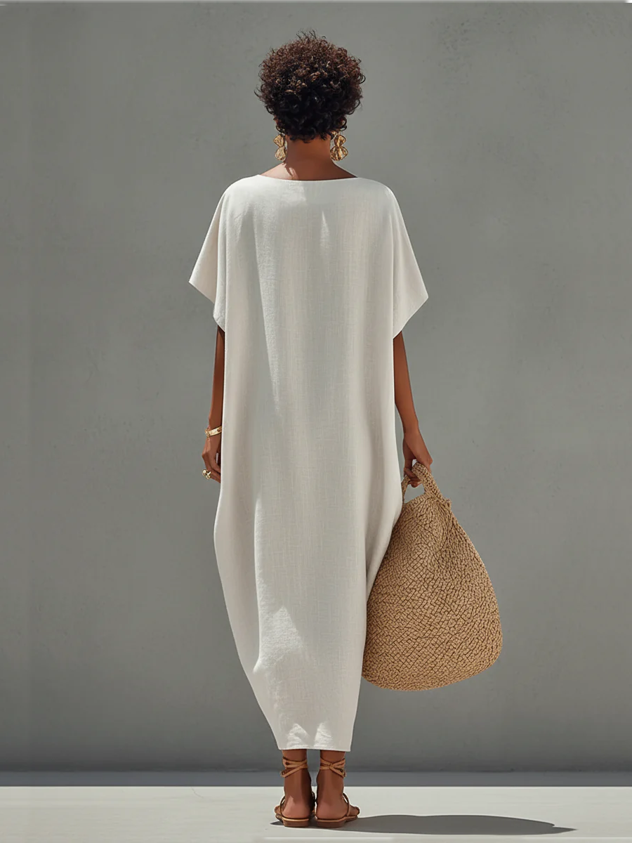Women's White Linen Dress With Relaxed Fit & Minimalist Design, Timeless Resort-Casual Style Dress MDZ0528B5I
