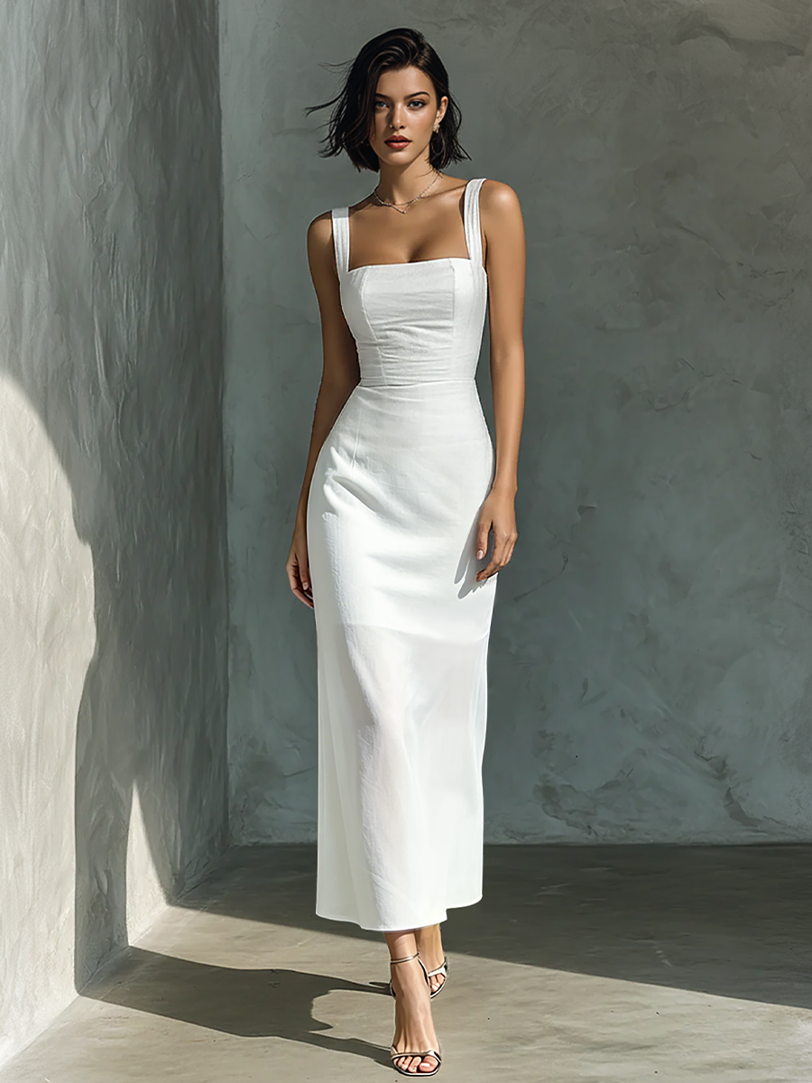 Women's Simple White Cotton And Linen Blend Sleeveless Midi Dress MDZ1 – Modesees