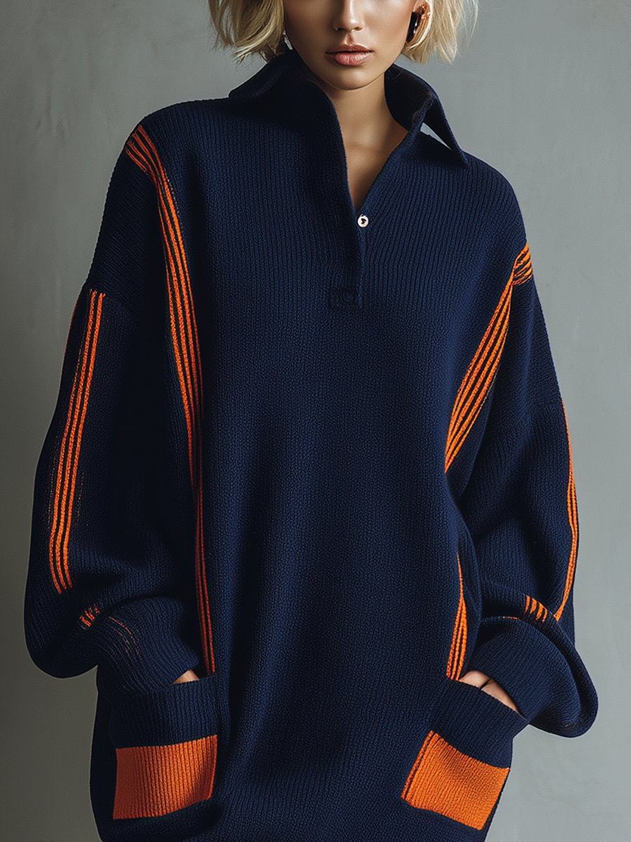 Women's Dark Blue Knit Color Block Orange Striped Loose-fitting Lapel Casual Mini Dress MDA0685K4T