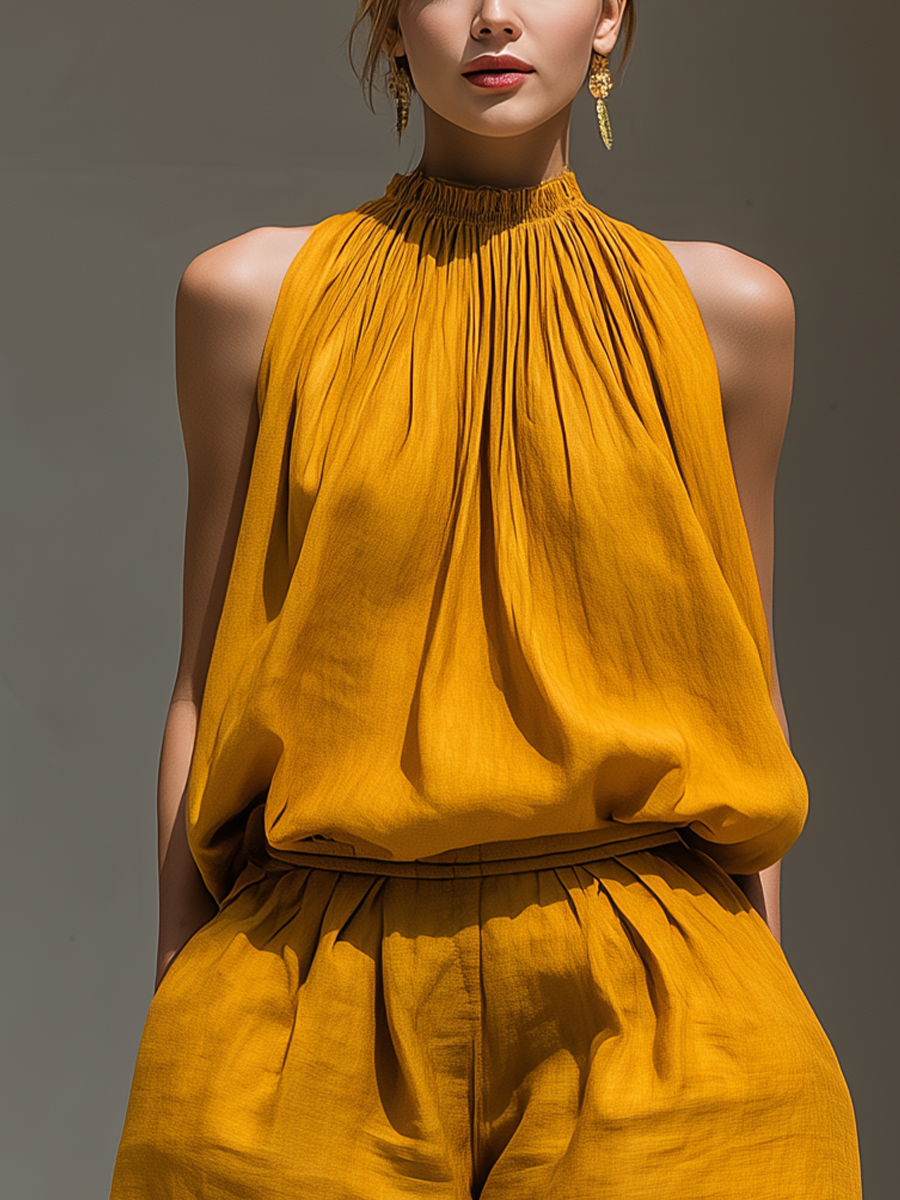 Women's Mustard Yellow Halter Neck Top & High-Waisted Shorts Two-Piece Set MDZ2757B5T