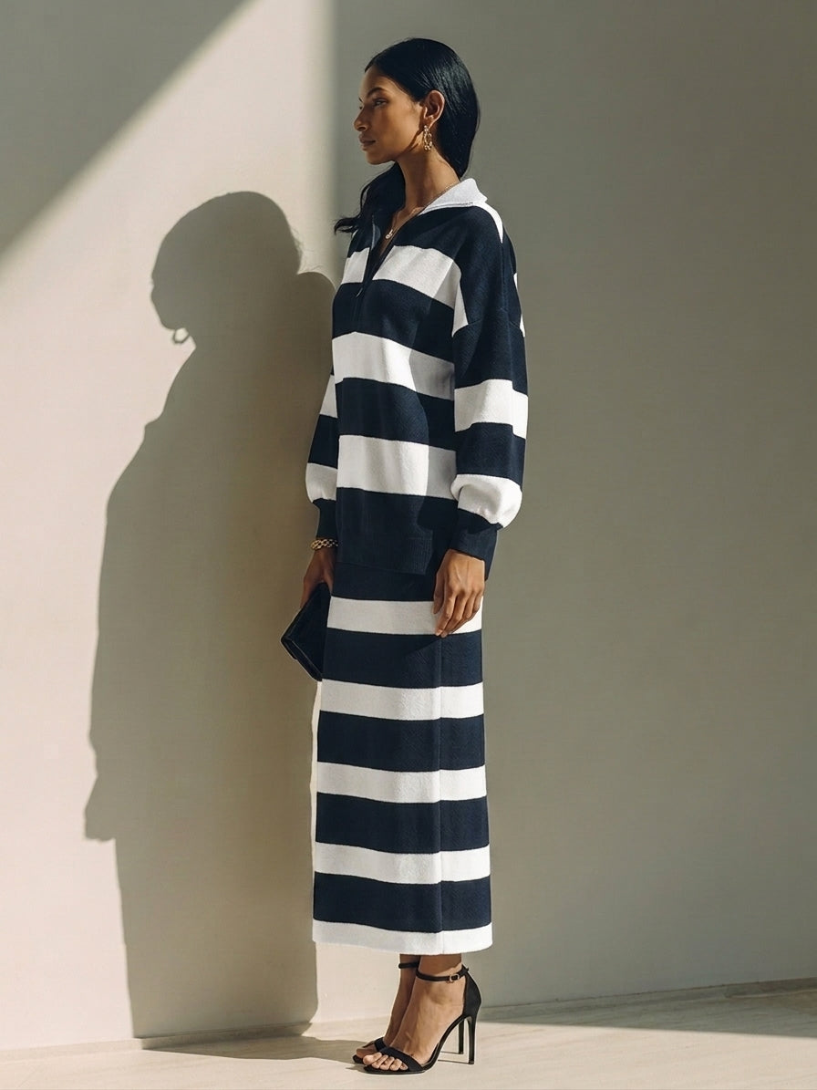 Women's Color-Block Striped Cotton-Blend Half-Zip Top & Midi Skirt Two-Piece Set MDZ2903G5ZRK