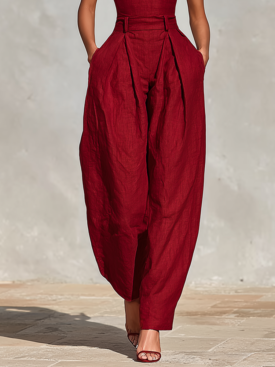 Women's Red Linen Jumpsuit With Spaghetti Straps & High-Waisted Pleated Pants, Timeless Romantic-Elegant Style Jumpsuit MDZ1915C8I