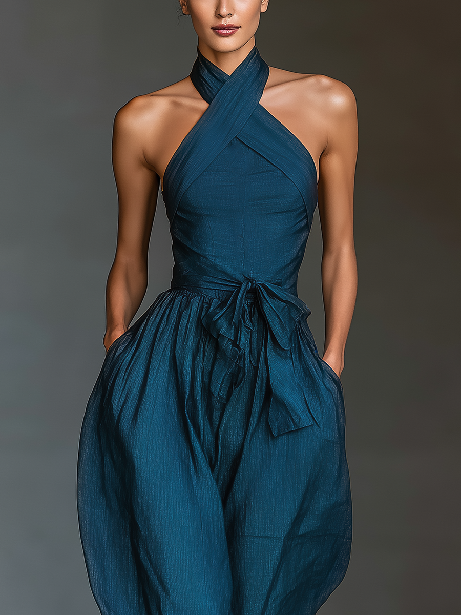 Women's Navy Blue Linen Fabric Cross Halter Wide-Leg Jumpsuit With Tie Waist & Side Pockets MDZ0455B5T