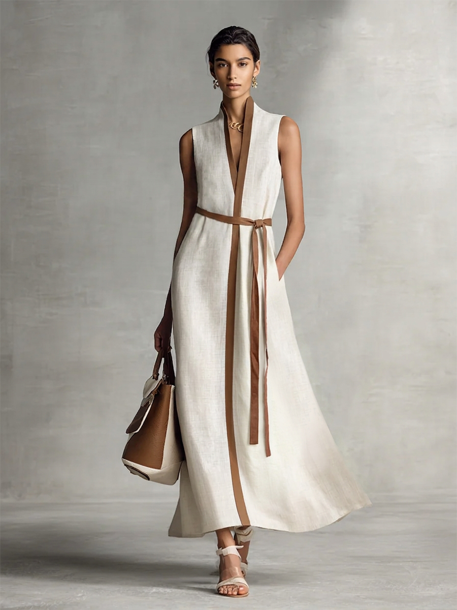 Women's Sleeveless V-Neck Tie-Waist Cotton Linen Maxi Dress MDZ1153B7B – Modesees