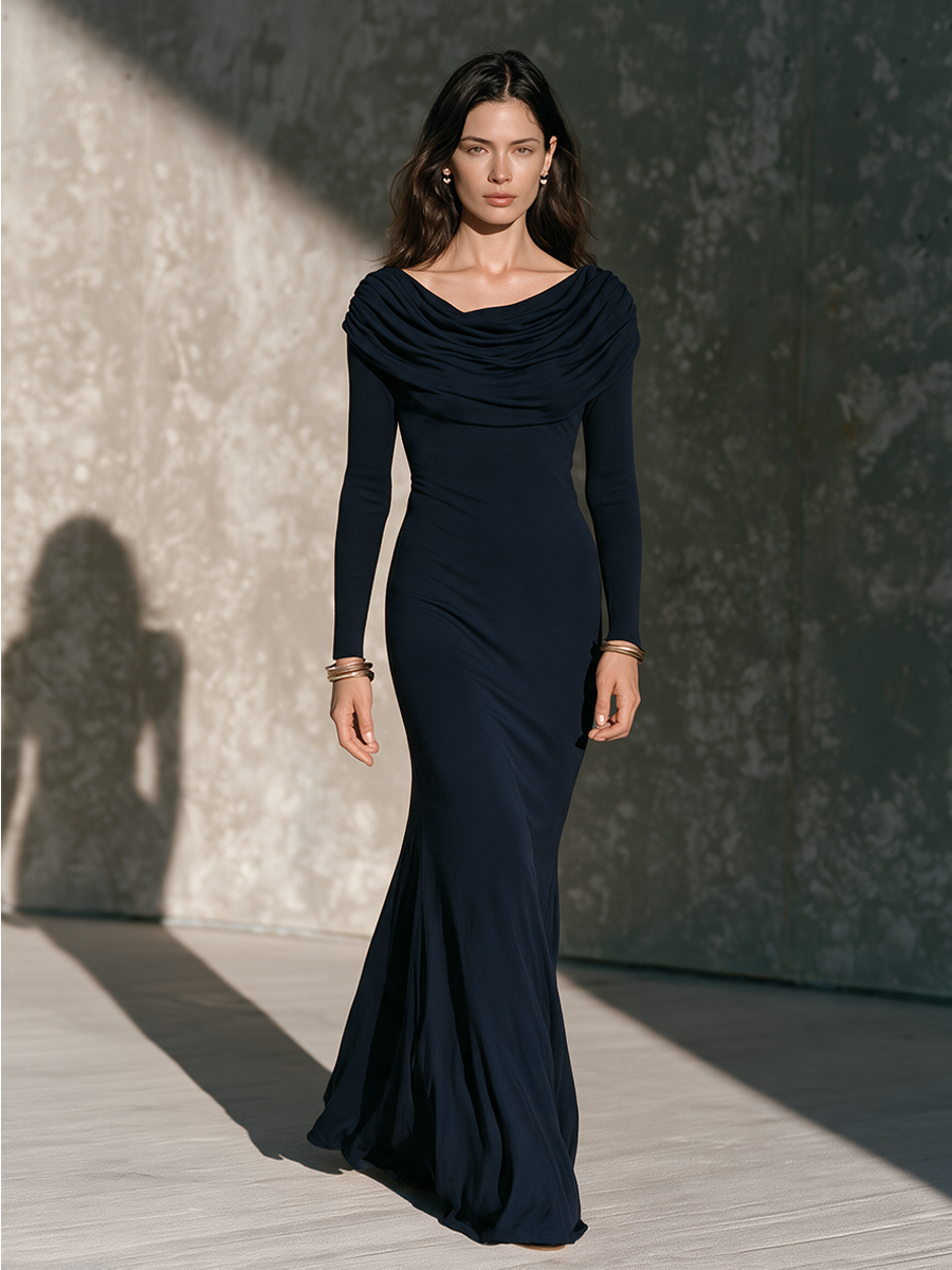 Women's Long-Sleeve Knit Maxi Dress With Ruched High Neck