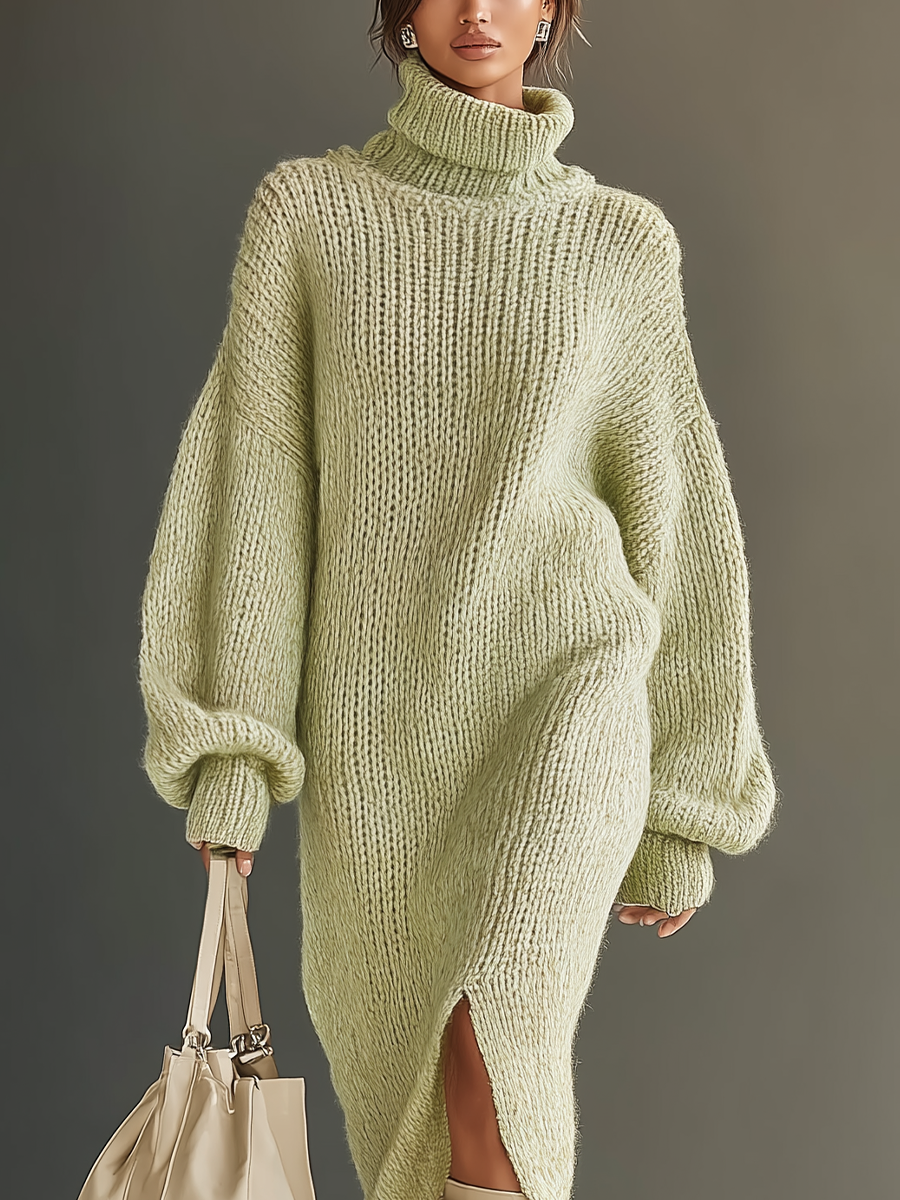 Women's Light Green Knitted Simple Sweater Midi Dress MDA1697I8T