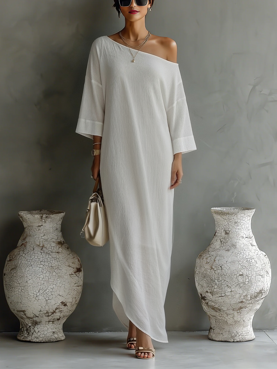 white cotton one shoulder dress Women's Ivory White Cotton-Linen Blend One-Shoulder Flowing Elegant Dr –  Modesees