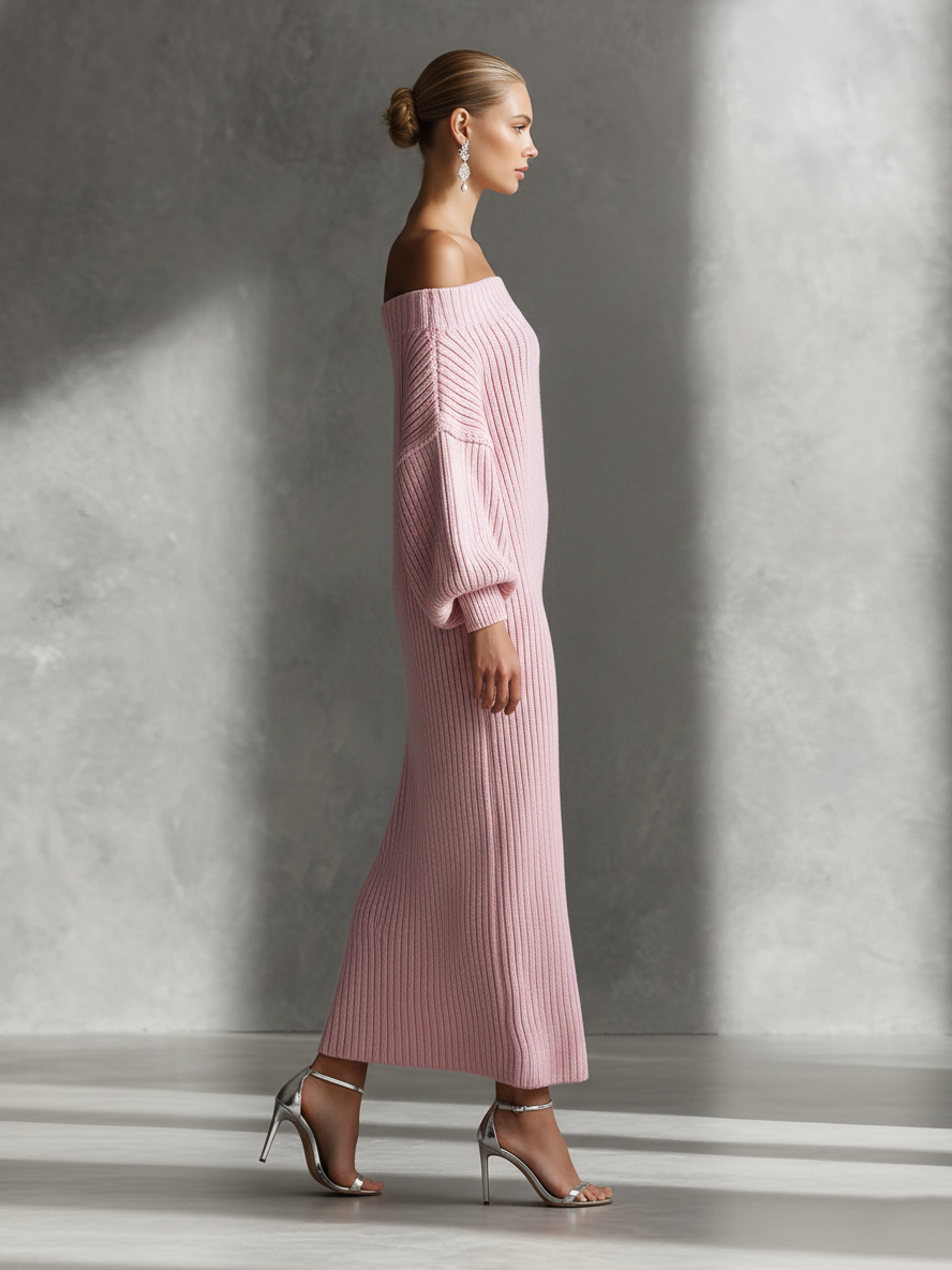 Women's Romantic Knit Blush Pink Off-The-Shoulder Lantern-Sleeve Oversized Maxi Dress MDA1993L1AU