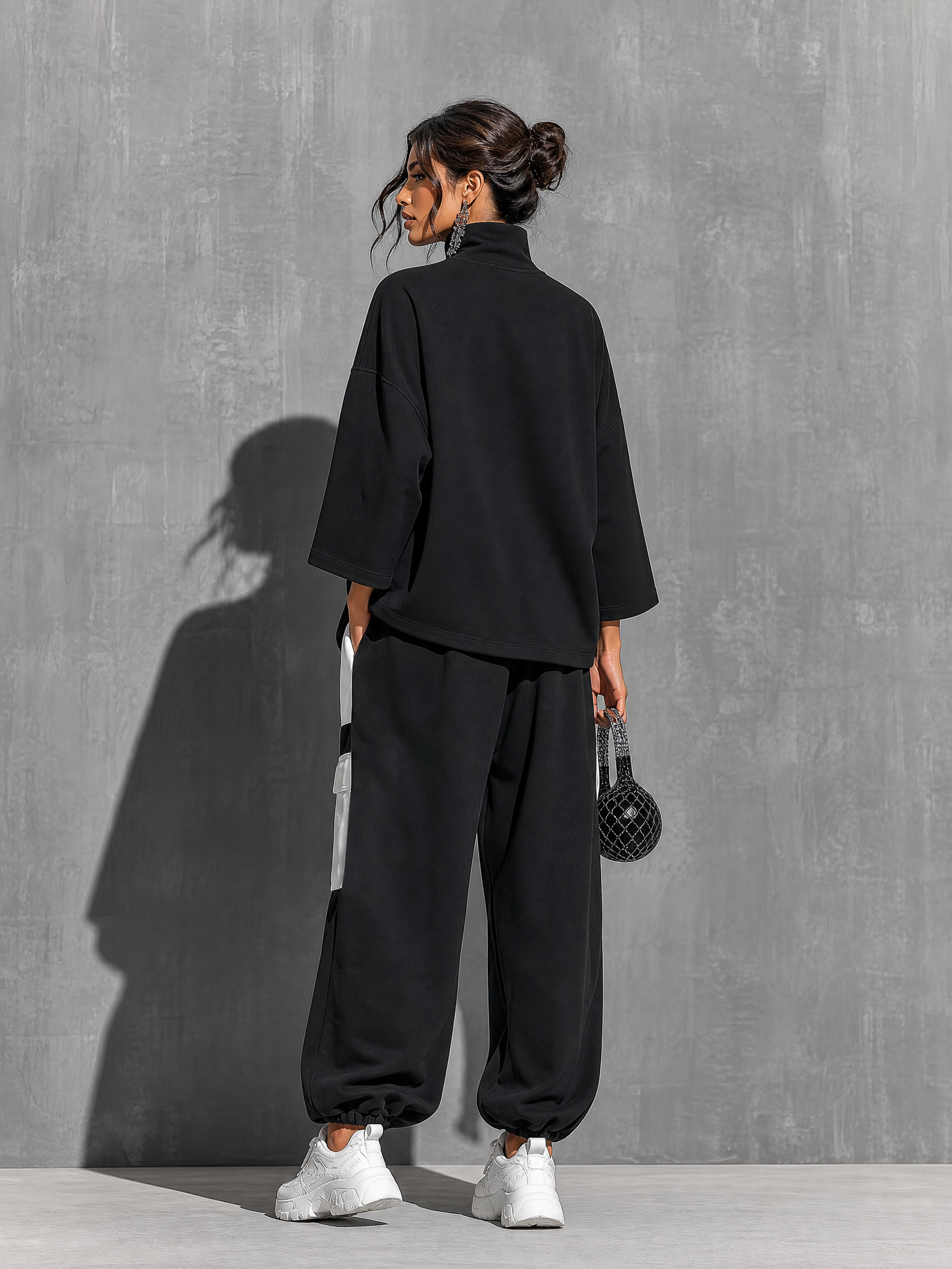 Women’s Black Cotton Knit Oversized High Neck 3/4 Sleeve Sweatshirt & Elastic Cuff Color Block White Patch Pocket Jogger Cargo Pants Two Piece Tracksuit Set MDZ0696G6YZJ