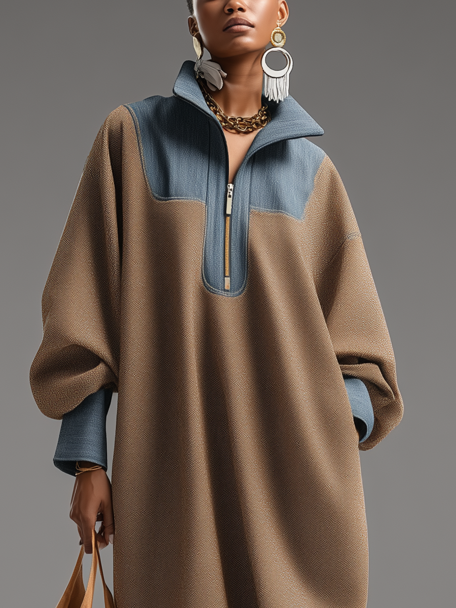 Women's Brown Cotton Woven Blue Stand Collar Color-Blocked Loose Maxi Dress MDA0366K1T