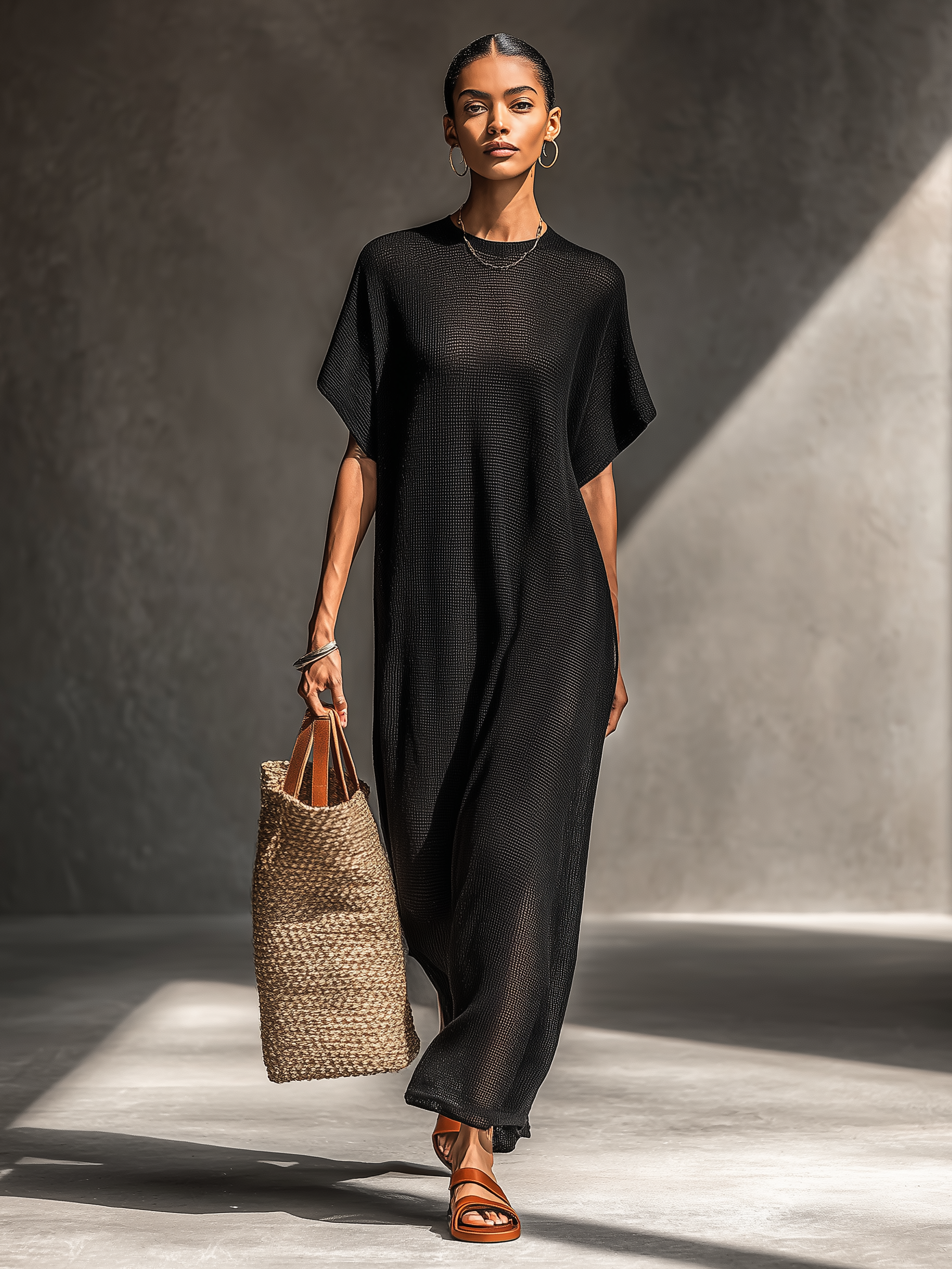 Women's Minimalist Sheer Knit Short-sleeved Maxi Dress MDZ0911A8Y