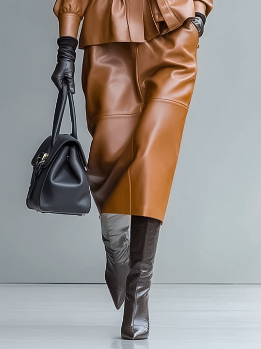 Women's Minimalist PU Leather Drawstring Waist Jacket One-Step Skirt Set MDA0539I8Y