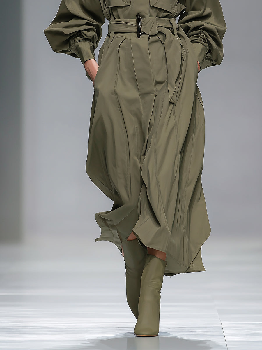 Women's Practical Nylon - Cotton Blend Hooded Belted Utility Maxi Dress MDA0599H9I