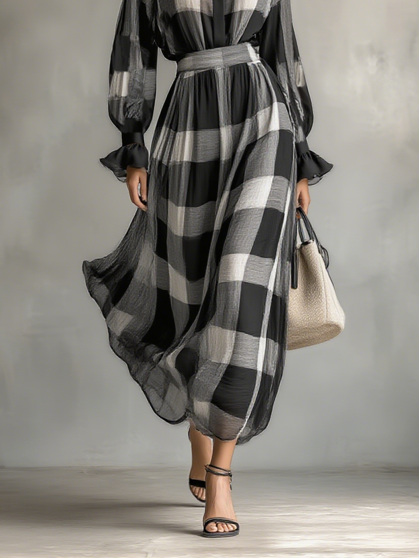 Women's Fashion Plaid Lapel Shirt Long Skirt Set MDA0470H3Y