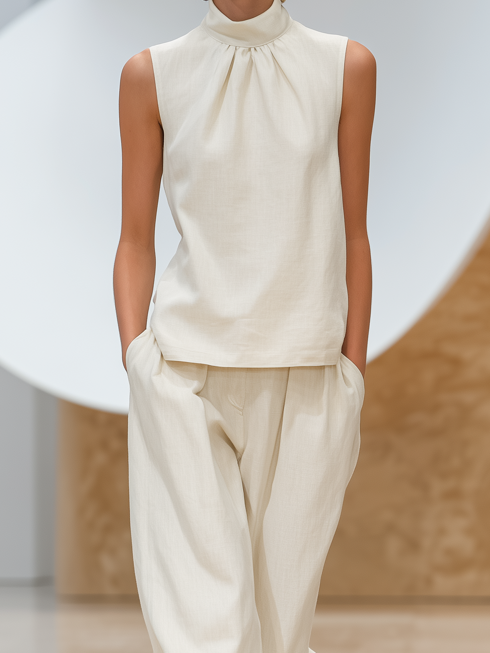Women's Elegant White Cotton-linen Blend High-neck Sleeveless Top And Trousers Set MDZ0927A9AN