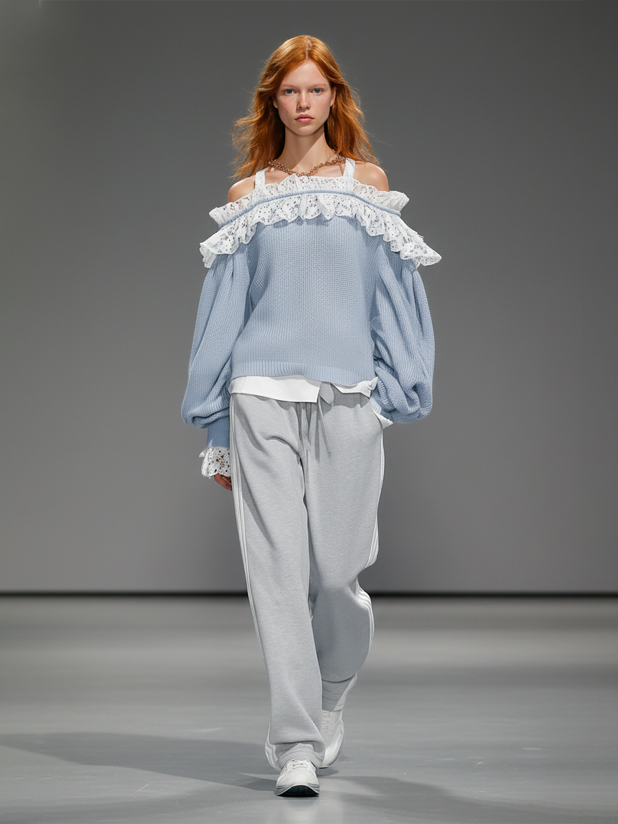 Women's Light Blue & Gray Two-Tone Set With Lace Trim Knit Top & Sweatpants, Modern Casual-Chic Style Set MDA0898L9I