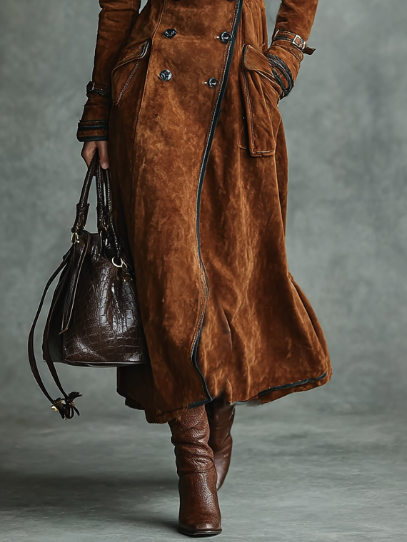 Women's Suede Black Trim Double-breasted Lapel Long Coat MDA2580H6Y