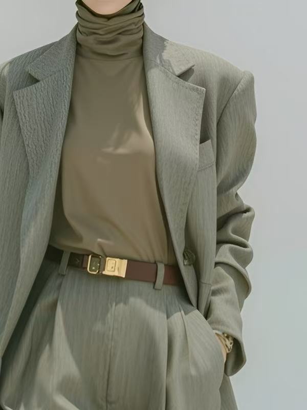 Women's Minimalist Business Style Gray-green Suit Set (belt Not Included) MDA0543K1AN