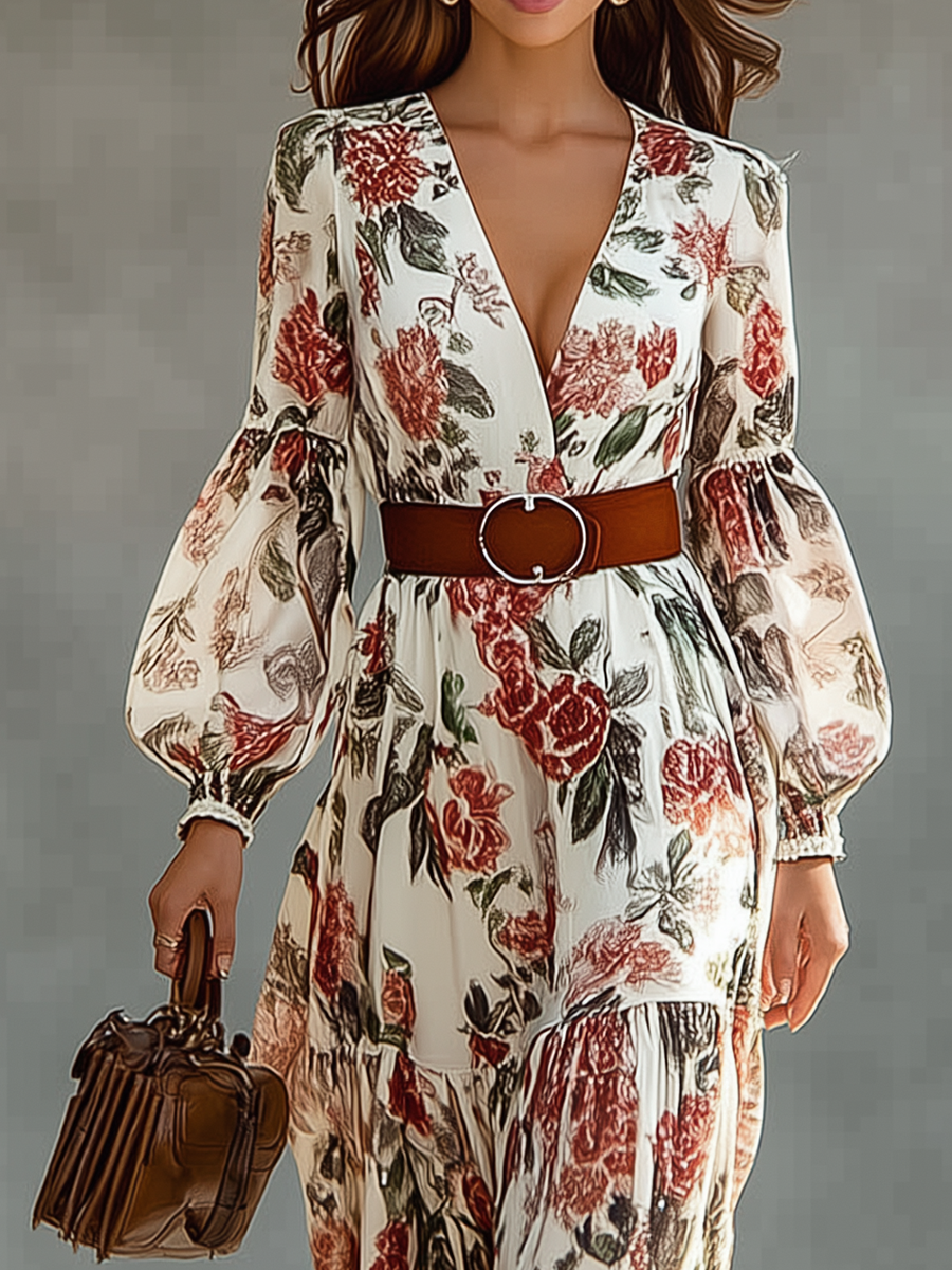Women's White Blend Printed V-Neck Maxi Dress MDA0670H7T