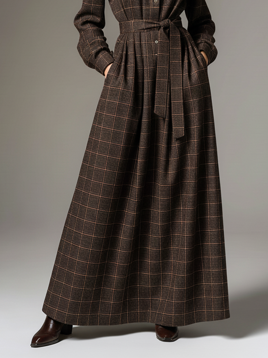 Women's Brown Plaid Tweed Lapel Tie Waist Maxi Dress MDA3124J6T