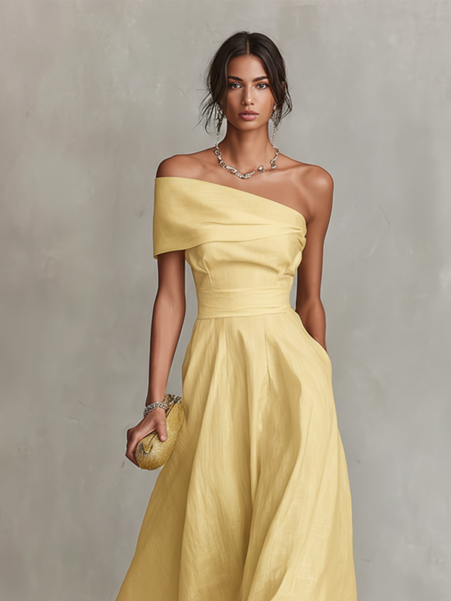 Women's Yellow Linen Dress With One-Shoulder Neckline & Fitted Waist, Timeless Elegant-Chic Style Dress MDZ2630B3I
