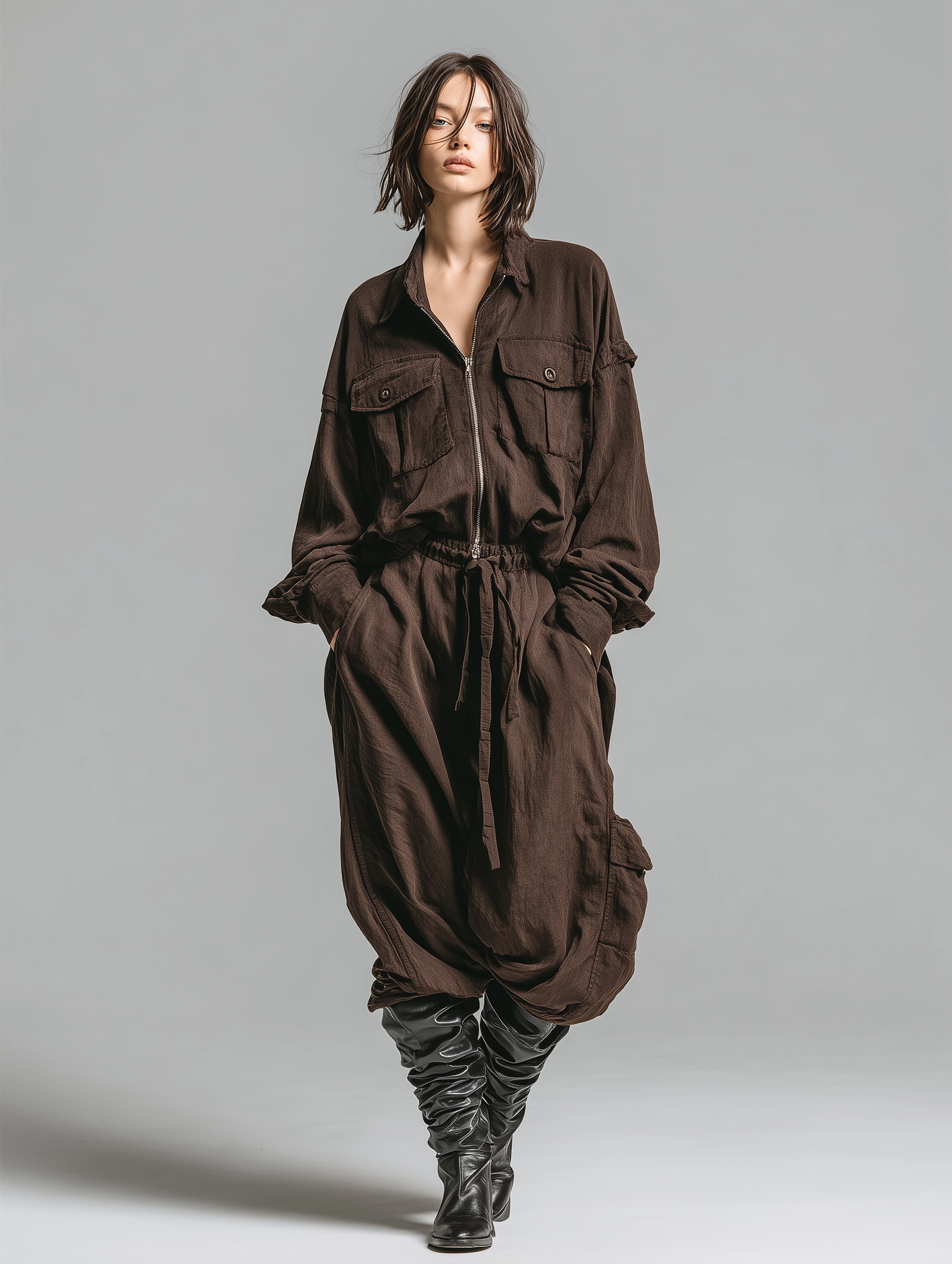 Women's Fashionable Casual Brown Long-sleeved Shirt Collar Jumpsuit With Zipper And Pockets MDA1829K3AN