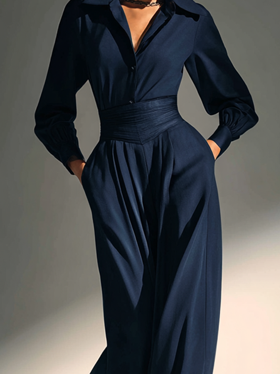 Women’s Navy Elegant Collared Wide-Leg Tailored Jumpsuit MDA1786K5AP
