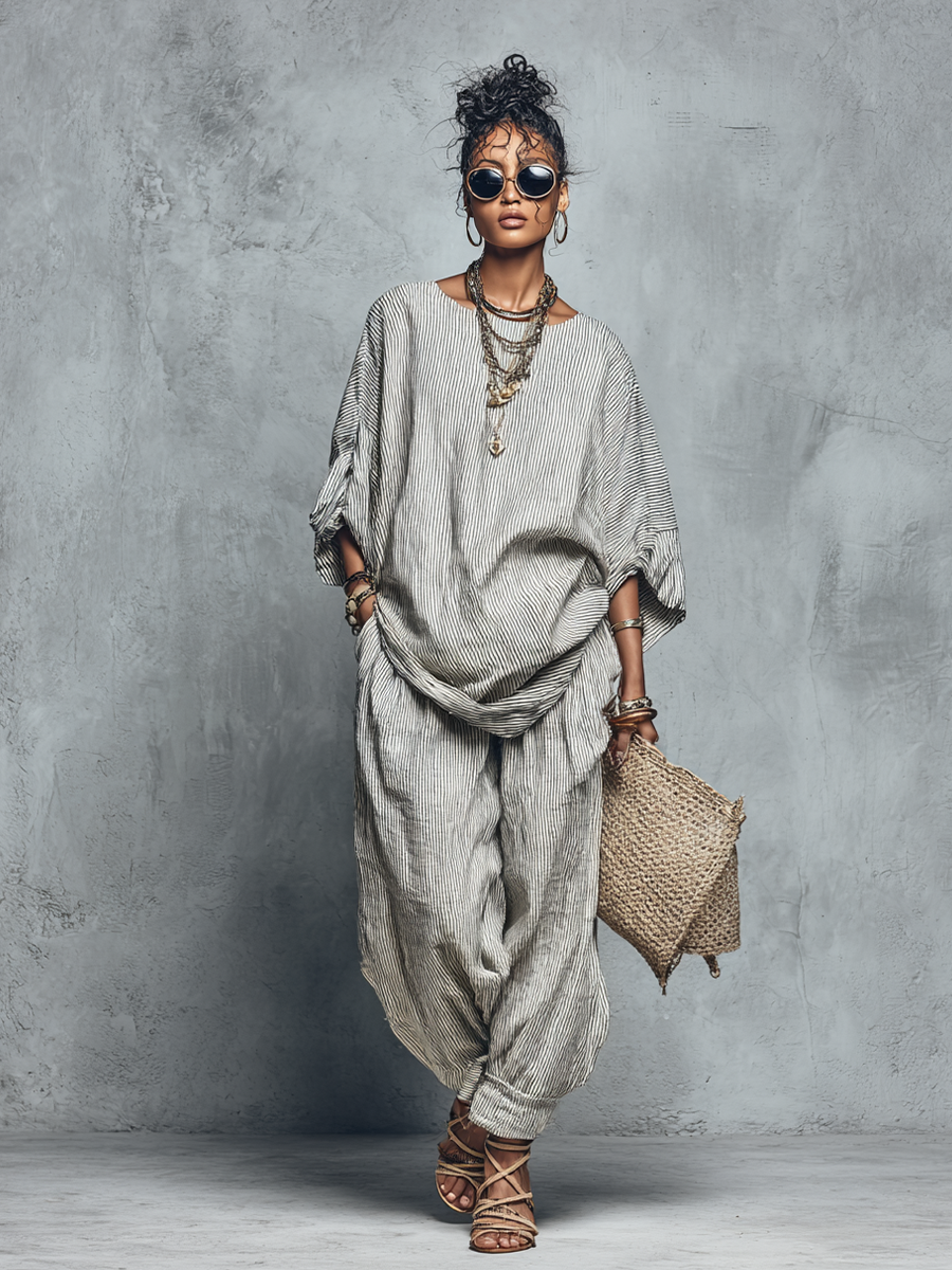 Women's Boho Striped Linen Blend Oversized Top And Harem Pants Set MDZ2761B2BA