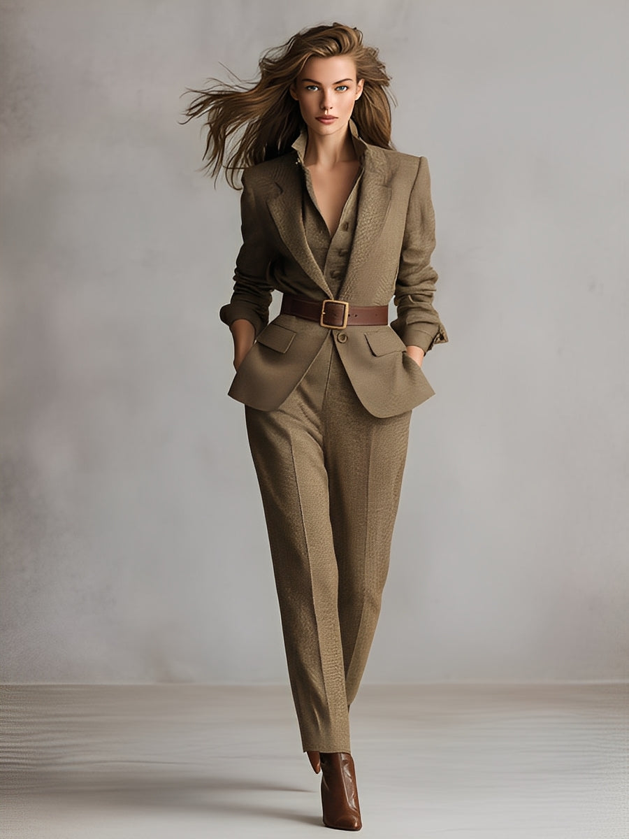 Women's Taupe Textured Material Sophisticated Belted Blazer Pant Set (Inner Layer & Belt Not Included) MDA2180K7I