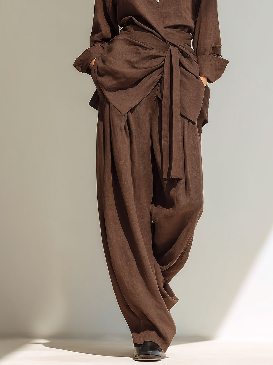 Women's Deep Brown Elegant Linen Wrap - Belted Shirt & Pants Set MDA0850H6I