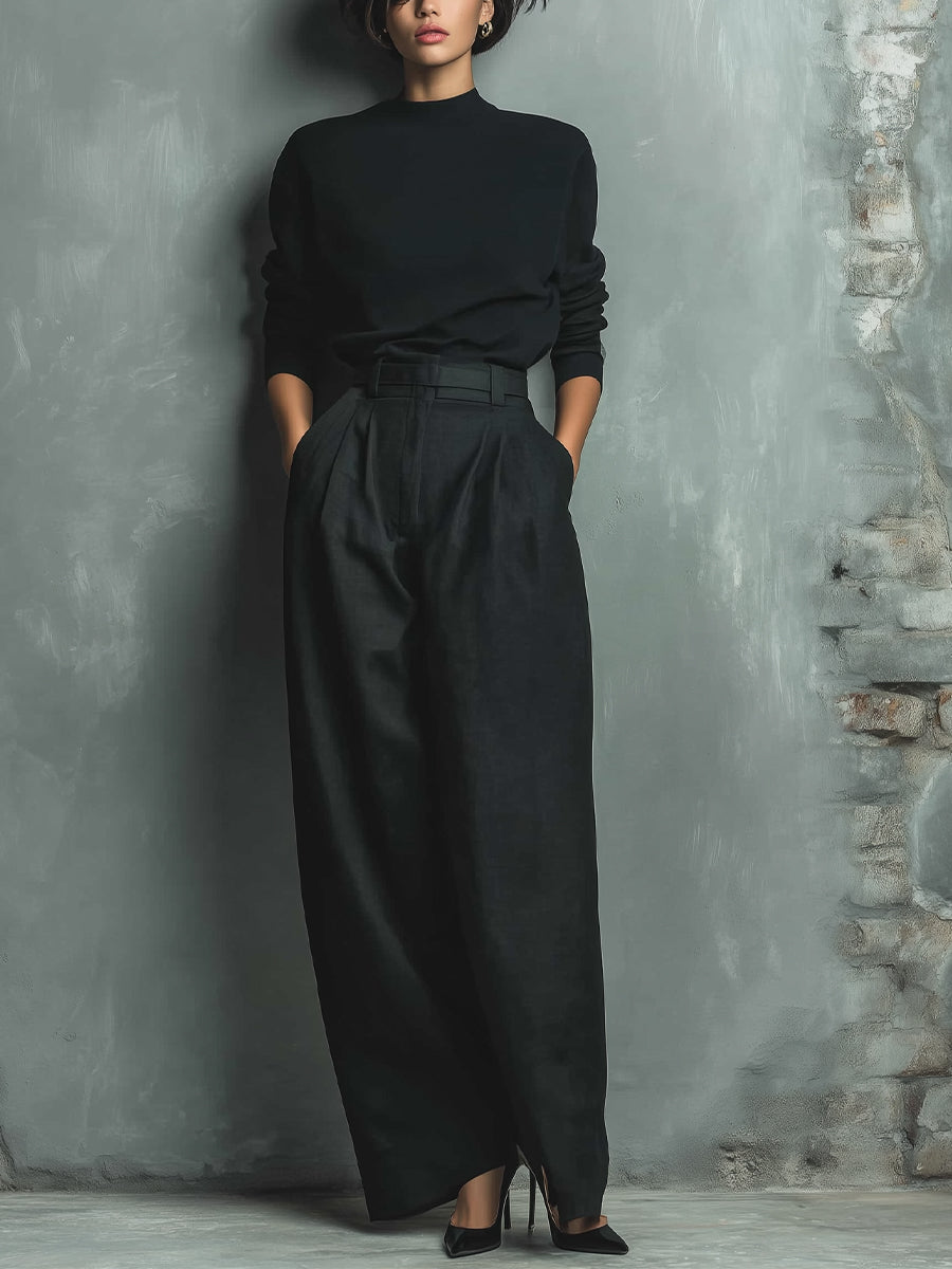 Women's Black Elegant Knit Top & Belted Wide - Leg Pants Set (without Belt) MDA2099H7I