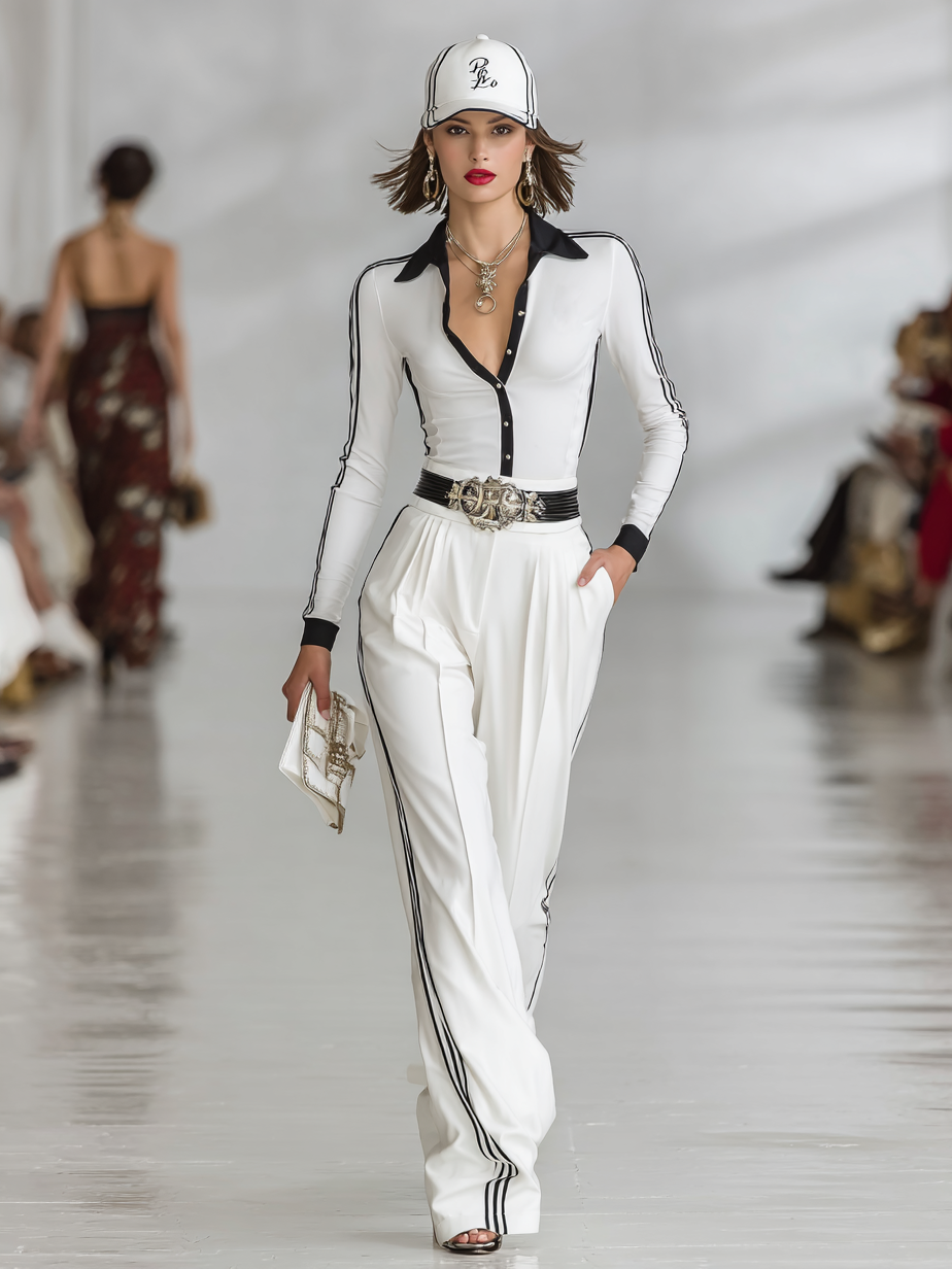 Women's Black Trim Lapel Single-breasted Top And Straight-leg Pants Two-piece Set (belt Not Included)MDA3168G5Y