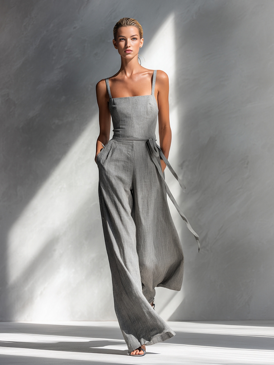 Women's Minimalist Linen Blend Gray Spaghetti-Strap Square-Neck Tie-Waist Wide-Leg Jumpsuit MDA2666L5AU