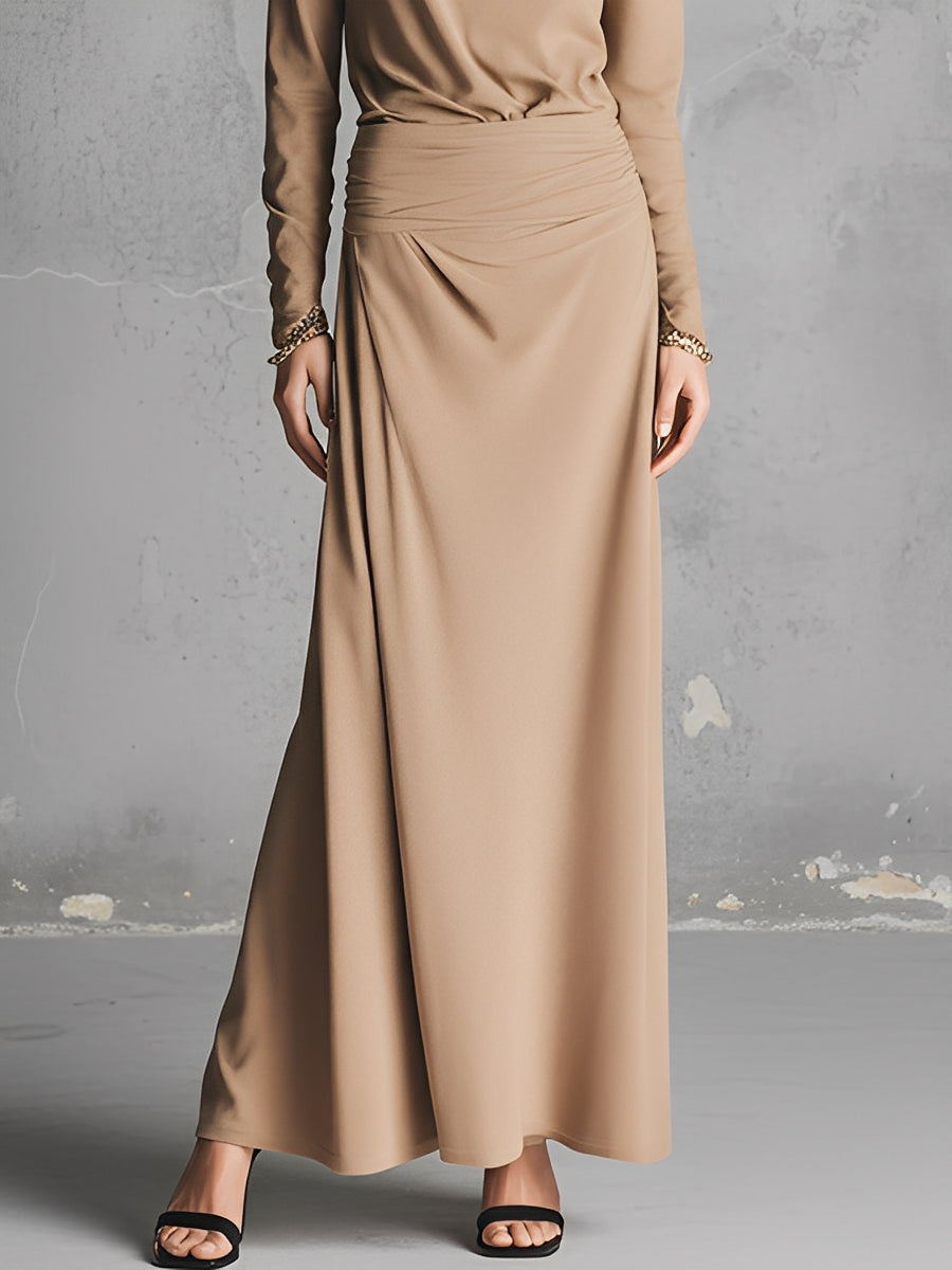Women's Beige Draped Dress With Asymmetric Neckline & Flowing Skirt, Sophisticated Formal Style Maxi Dress MDA1254L4I