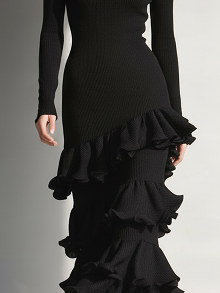 Women's Black Ribbed Knit Layered Ruffle Midi Dress MDA2295L2AP