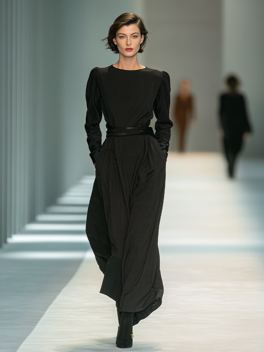 Women's Black Textured Fashion Dress With Round Neck & Relaxed Skirt, Timeless Chic Style Dress MDA0891L4I